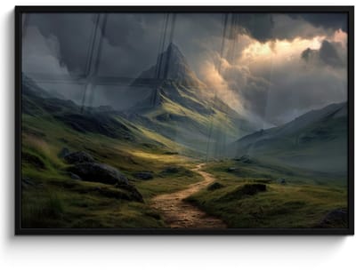 Poster in lijst - Fotolijst 120x80 cm - Posters - Bergen - Kronkelpad - Groen - Wolken - Posterlijst zwart - Decoratie - Wanddecoratie woonkamer - Muurdecoratie slaapkamer