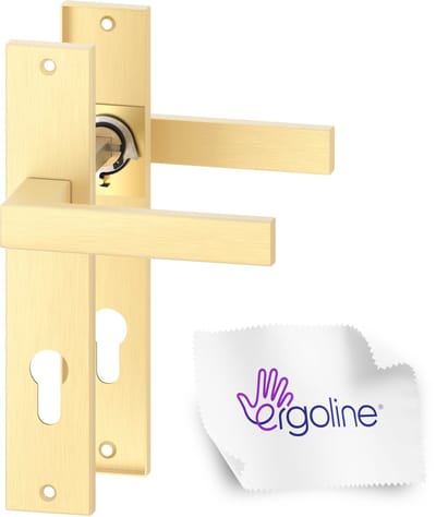ERGO line Deurbeslag set Binnendeur - Cube - Deurkruk Goud - met profielcilindergat PC55 - deurgrepen voor cilinderslotdeuren, Mat Messing (Geborsteld), Deurklink met schild, langschild deurkrukset, mat goud