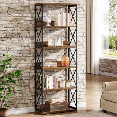 Tribesigns - Boekenkast met 6 Planken - Boekenkast Industrieel - Open Opbergplanken voor Woonkamer, Slaapkamer, Thuiskantoor - 60x30x178cm - Bruin en Zwart