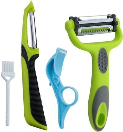 Multifunctionele schilmesjes set van 4: ideale keukentools voor het schillen van groenten, fruit en aardappelen, inclusief julienne snijder en schoonmaakborstel.