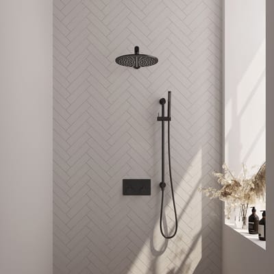Brauer Black Edition thermostatische inbouw regendouche met drukknoppen SET 62 met 30 cm douchekop en rechte muurarm en staaf handdouche en doucheslang en geïntegreerde glijstang mat zwart