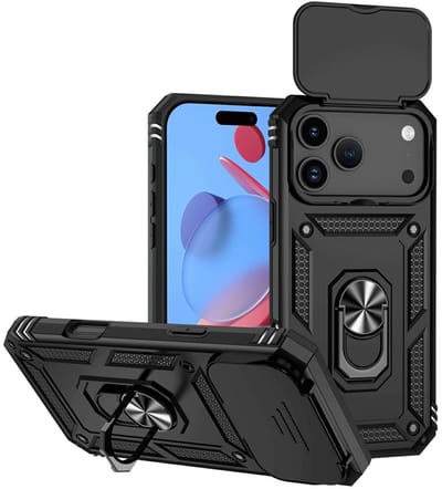 Coverup Hoesje - Geschikt voor iPhone 17 Pro Hoesje - Coverup Armor Ring Kickstand Back Cover met Camera Shield - Zwart