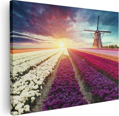 Artaza Canvas Schilderij Molen - 40x30 cm - Klein - Wanddecoratie Tulpenveld - Muurdecoratie Zonsondergang - Kamer Accessoires Bloemen
