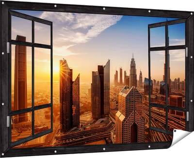 Gards Tuinposter Doorkijk Dubai Stad bij Zonsopgang - 180x120 cm - Tuindoek - Tuindecoratie - Wanddecoratie buiten - Tuinschilderij