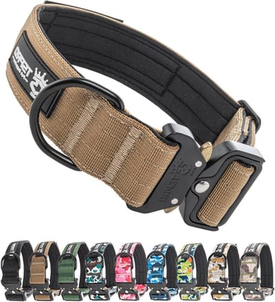 Verstelbare Hondenhalsband met Patches, Dikke en Duurzame Kraag met Snelsluiting voor Middelgrote en Grote Honden (Khaki M)
