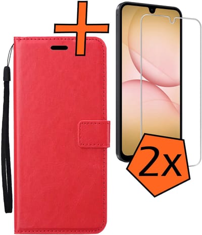 Hoes - Met 2x Screenprotector - Geschikt voor Samsung Galaxy A17 - Luxe Pasjeshouder - Bookcase Portemonee - Flip Case - Kunstleer Book Case - Flipcase Hoes - Book Cover - Walletcase - PortemonneeHoes - Rood