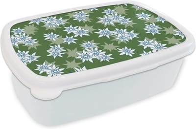 Broodtrommel Wit - Lunchbox - Brooddoos - Edelweiss - Groen - Bloemen - Patronen - 18x12x6 cm - Volwassenen