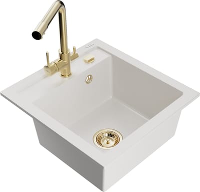 Mexen Vito granieten gootsteen 1-komors met keukenmengkraan Duero, wit - 6503-20-671600-50