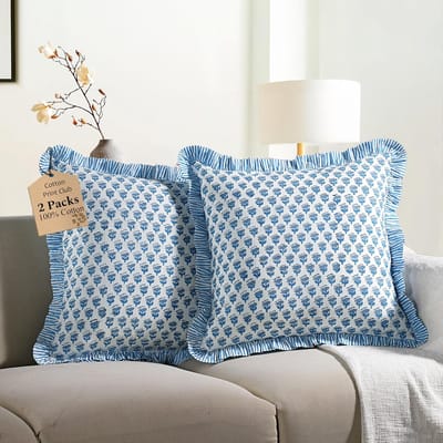 Set van 2 Sierkussenslopen Blauw Gestreept met Ruches - 45x45 cm Katoen - Boho Sierkussenhoes voor Bank en Woonkamer