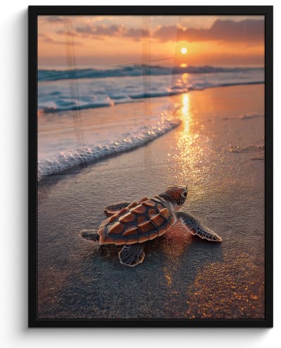 Poster in lijst - Fotolijst 60x80 cm - Posters - Schildpad - strand - Zonsondergang - Posterlijst zwart - Decoratie - Wanddecoratie woonkamer - Muurdecoratie slaapkamer