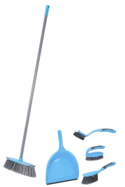 Schoonmaakset 5-delig blauw - bezem - handborstel - borstel - schrobber - handschrobber - stoffer en blik - afwasborstel