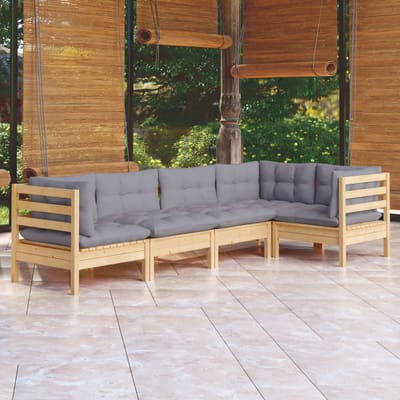 vidaXL - 5-delige - Loungeset - met - grijze - kussens - grenenhout