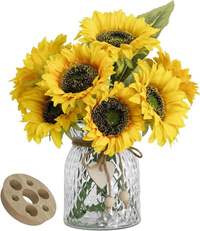 Kunst Zonnebloemen Boeket - Nep Bloemen - Huis Decoratie - Inclusief Vaas - 28 cm Hoog - Geel