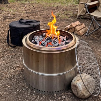 Smokeless Vuurkorf - RVS Buitenhaard Voor Tuin Met Houtvuur En Barbecue Functie - Draagbare Vuurkorf Zilver