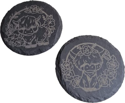 Leisteen onderzetters Schotse Hooglanders [rond] - [Set van 2 stuks] - [Onderleggers] - [Natuurproduct]