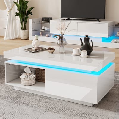STILVORA Salontafels - Vorm 100x50x40.3 cm - Koffietafel Met LED Licht En Opberglade - Strak En Functioneel - Voor Interieurdecoratie - Hout - Wit