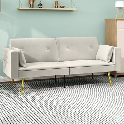 OKWISH Slaapbank 181 cm - Verstelbare Rugleuning Met Slaapfunctie En Zijvakken - 2-Zits Voor Woonkamer Of Logeerkamer - Polyester - Beige