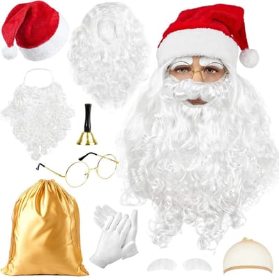 Santa Claus Kostuum Accessoires voor Mannen en Vrouwen met Kerstmuts, Baard en Pruik Set, Satijnen Santa Claus Tas en Kerstbril voor Feestelijke Verkleedpartijen