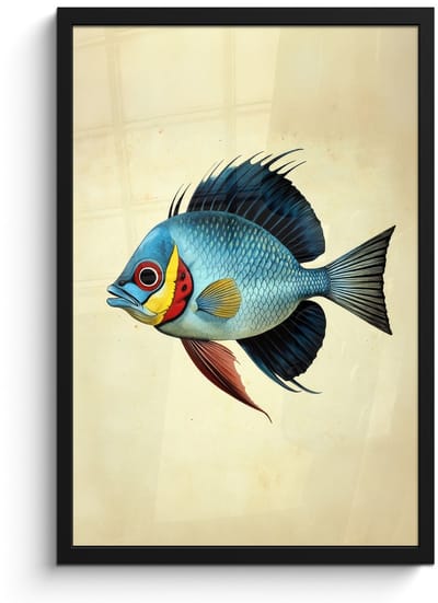 Poster in lijst - Fotolijst 40x60 cm - Posters - Blauw - Kieuwen - Vis - Illustratie - Posterlijst zwart - Decoratie - Wanddecoratie woonkamer - Muurdecoratie slaapkamer