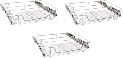 Eleganca draadmand met zijgeleider en Soft Closing - Schuiflade keukenkast – B41.5 cm, H14 cm & D44.5 cm – Uitschuifbaar keukenrek - Geschikt voor kast met frontbreedte van 50cm – Inbouwlade – Maximale belastbaarheid 20kg – RVS – Zilver - 3 Stuks
