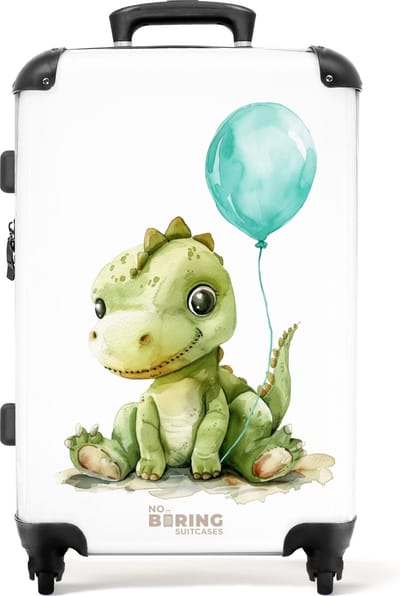 NoBoringSuitcases.com® - Kinderkoffer jongen - Kindertrolley jongens - Dino met blauwe ballon - Koffer kind groot - Rolkoffer lichtgewicht - Reiskoffer met 4 wielen - Grote trolley XL - 20 kg bagage