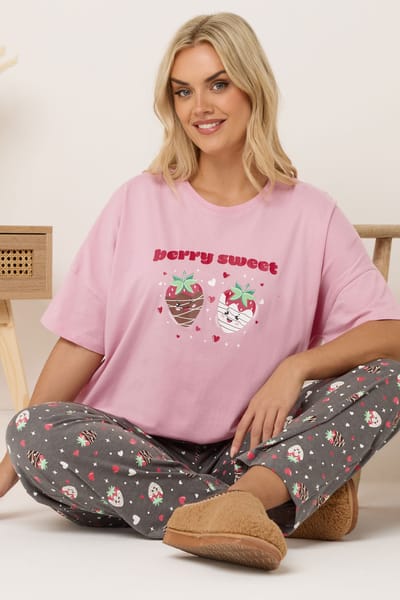 Yours Pink Berry Sweet Wide Leg Pyjama Set Size 42-44
