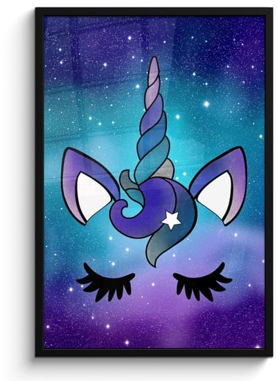 Poster in lijst - Fotolijst 60x90 cm - Posters - Eenhoorn - Sterrenhemel - Ster - Blauw - Posterlijst zwart - Decoratie - Wanddecoratie woonkamer - Muurdecoratie slaapkamer