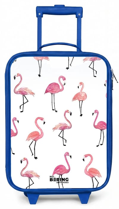 NoBoringSuitcases.com® - Kinderkoffer blauw - Kindertrolley jongen - Flamingo feestje - Koffer kind lichtgewicht - Reiskoffer trolley voor kinderen - Koffertje met lichtgevende wieltjes - Rolkoffer