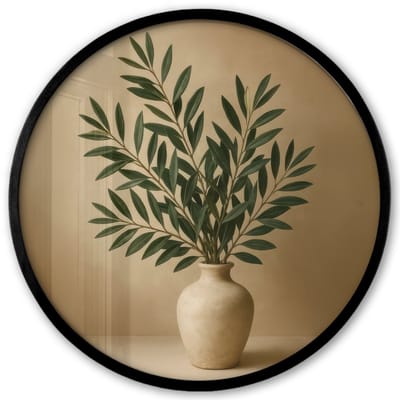 Poster in lijst Rond - Fotolijst 40x40 cm - Posters - Vaas - Olijftakken - Bladeren - Beige - Ronde posterlijst zwart - Decoratie - Wanddecoratie woonkamer - Muurdecoratie slaapkamer