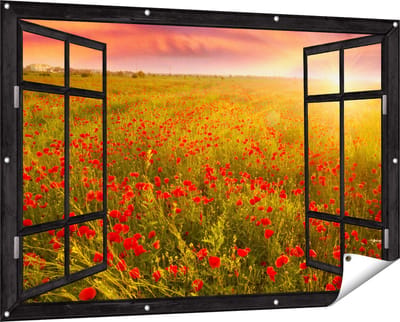 Gards Tuinposter Doorkijk Rode Klaproos Bloemenveld - Zonsondergang - 150x100 cm - Tuindoek - Tuindecoratie - Wanddecoratie buiten - Tuinschilderij