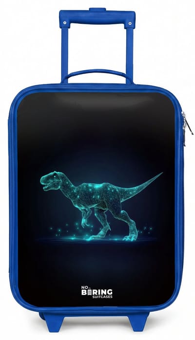 NoBoringSuitcases.com® - Kinderkoffer blauw - Kindertrolley jongen - Digitale T-Rex in blauw lichtveld - Koffer kind lichtgewicht - Reiskoffer trolley voor kinderen - Koffertje met lichtgevende wieltjes - Rolkoffer