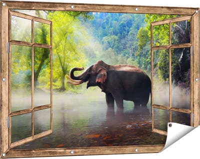 Gards Tuinposter Doorkijk Olifant in het Water - 120x80 cm - Tuindoek - Tuindecoratie - Wanddecoratie buiten - Tuinschilderij