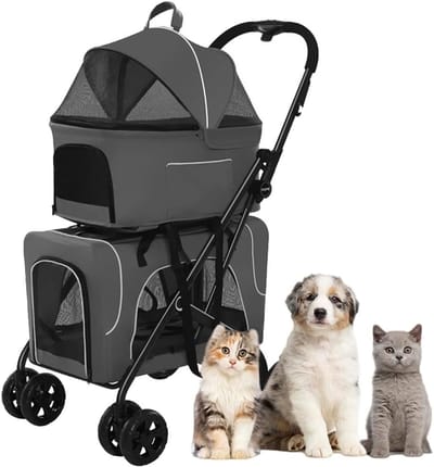 Dubbele Hondenbuggy - Reismand Kat Hond - Huisdieren Uitlaten - Afneembare Wieg - Tot 30 kg - Grijs