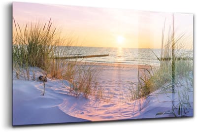 Wallfluent Glasschilderij - Poolse Zee - strand in de zon Foto Op Glas - 100x50 cm - Beige Horizontale muurfoto - Landschap Schilderij Op Glas - Glazen Schilderij - Schilderij Glas