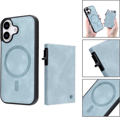 Casemania Hoesje Geschikt voor Apple iPhone 17 - Aqua Blue - Magnetisch Back Cover met Uitschuifbaar Pasjeshouder - 2 in 1 Telefoonhoesje geschikt voor MagSafe met 6 Pasvakjes Creditkaarthouder - Licht Blauw