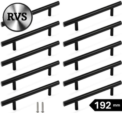 MSQDESIGN- RVS T greep - Handgrepen zwart RVS - Handgreep 300mm(Groot)- Hartafstand 192mm - 10 stuks - Handgrepen kast - Meubelgreep - Keukengreep zwart - Kastgrepen - Handgreep keukenkastjes - Handgrepen voor deurtjes - Deurgreep - incl schroeven