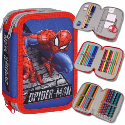 MARVEL Spider Man Pennenetui met drie vakken MET UITRUSTING voor een jongen, VOOR SCHOOL - 45 elementen, 3 rits
