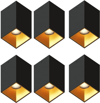 Ledvion – 6x LED Opbouwspot Vierkant 80x80mm – Zwart / Goud – Dimbaar – GU10 – 2700K – 3W – IP20