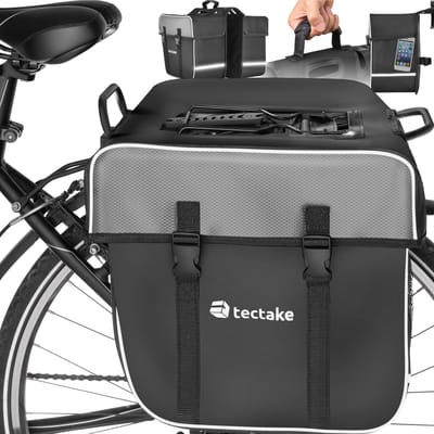 tectake® Fietstas - Fietstassen met Reflectorstrepen - 35L - Bagagedragertas voor Fiets of Elektrische Fietsen - Waterafstotend PVC - Dubbel - Zwart/Grijs