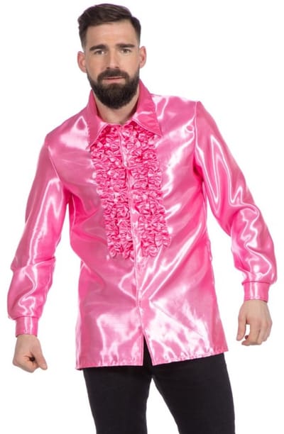 Jaren 80 & 90 Kostuum | LichtRoze Ruchesblouse Satijn Foute Disco | Maat 48 | Carnaval kostuum | Verkleedkleding