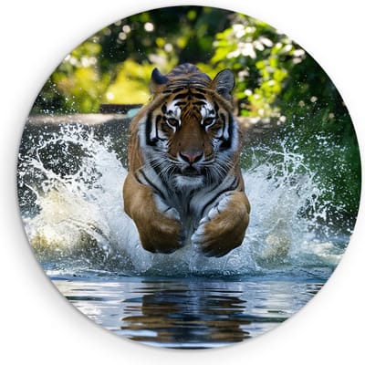 Saammp Muurcirkel Hout - Tijger in het water - Natuur - Dieren - Ø 90 - Wandcirkel - Wanddecoratie Cirkel - muurdecoratie Woonkamer - Slaapkamer decoratie - Rond Schilderij