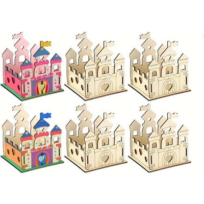 Lot de 4 pièces Châteaux en bois non peints, Artisanat en bois pour fête, Bricolage Créez votre propre château en bois 4pcs beige