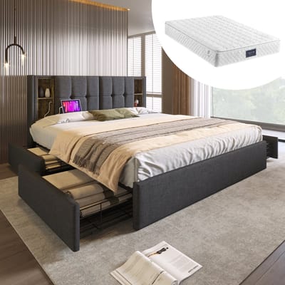 SINGULARITY-Tweepersoonsbed met draadloos opladen USB C & 4 lades- gestoffeerd bedframe 160x200cm- lattenbodem van houtgrijs linnen met matras