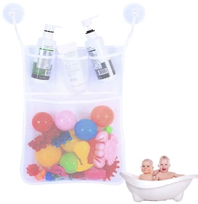 NTH products- Speelgoedorganizer met 4 grote netvakken - Badkamer organizer - Douchespeelgoed net - Opbergnet voor kinderspeelgoed - Scheurbestendig materiaal - Houdt badkamer schoon en netjes