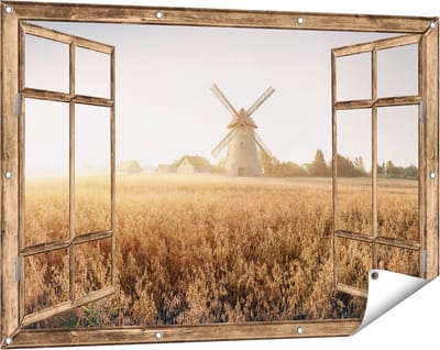 Gards Tuinposter Doorkijk Windmolen in het Veld - 120x80 cm - Tuindoek - Tuindecoratie - Wanddecoratie buiten - Tuinschilderij