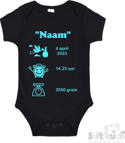 100% katoenen Romper met naam & geboortegegevens Unisex/Meisje/Jongen Katoen Zwart/aquablauw Maat 56/62