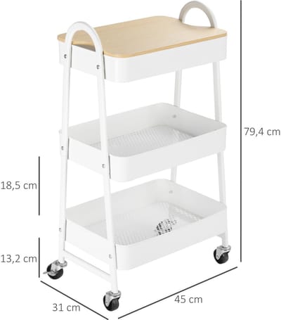 Merax Keukentrolley met Werkblad en 3 Niveaus - Metalen Serveerwagen met Wielen en Rem - Opbergwagen voor Keuken en Woonruimte - Wit - 45 x 31 x 79,4 cm