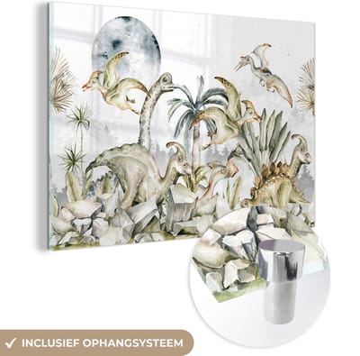 MuchoWow® Glasschilderij 60x40 cm - Schilderij acrylglas - Dinosaurus - Kinderen - Jungle - Groen - Dieren - Natuur - Foto op glas - Schilderijen