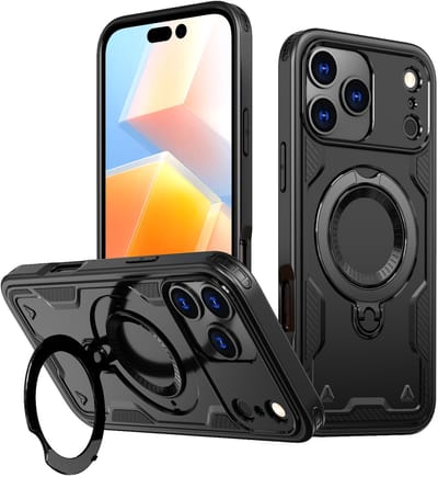 Hoesje Geschikt voor iPhone 17 Pro Max Hoesje Zwart - Geschikt voor MagSafe Armor Hoesje met Met Draaibare Ring Houder