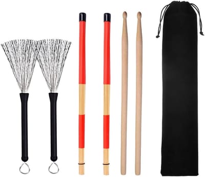 Set van 5A Houten Drumsticks met Borstels en Inklapbare Borstels in Opbergtas voor Jazz en Akoestische Muziek